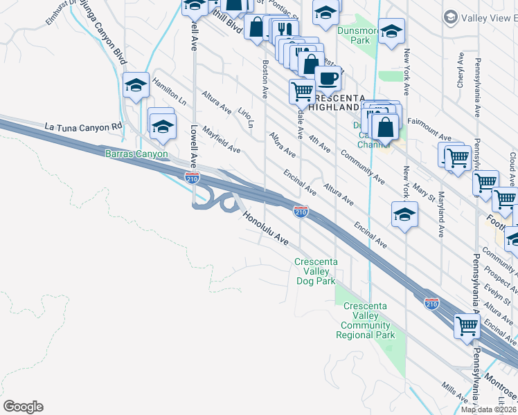 map of restaurants, bars, coffee shops, grocery stores, and more near 3751 Montrose Avenue in Glendale