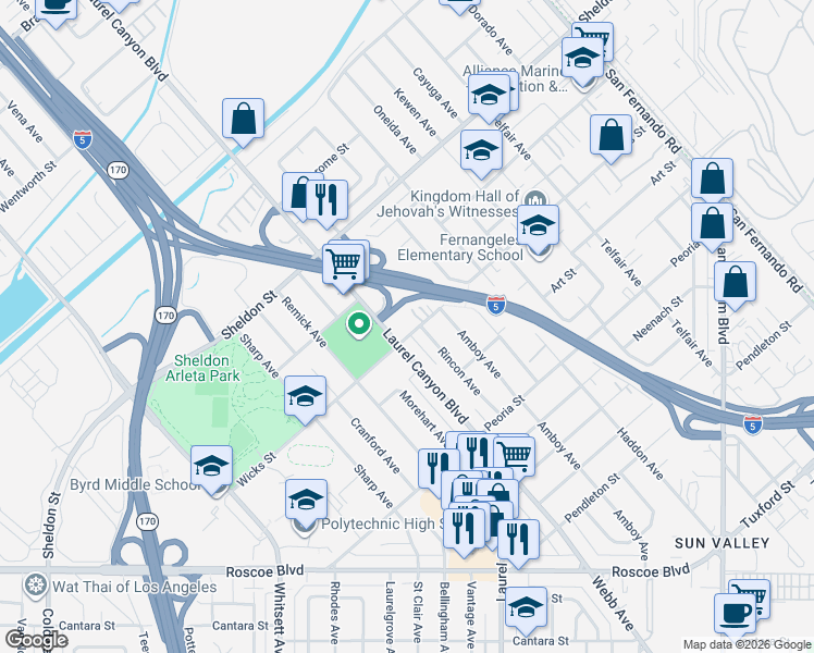 map of restaurants, bars, coffee shops, grocery stores, and more near 12215 Wicks Street in Los Angeles
