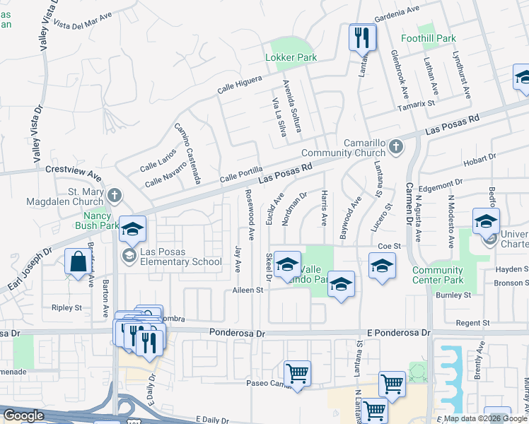 map of restaurants, bars, coffee shops, grocery stores, and more near 1208 Rosewood Avenue in Camarillo