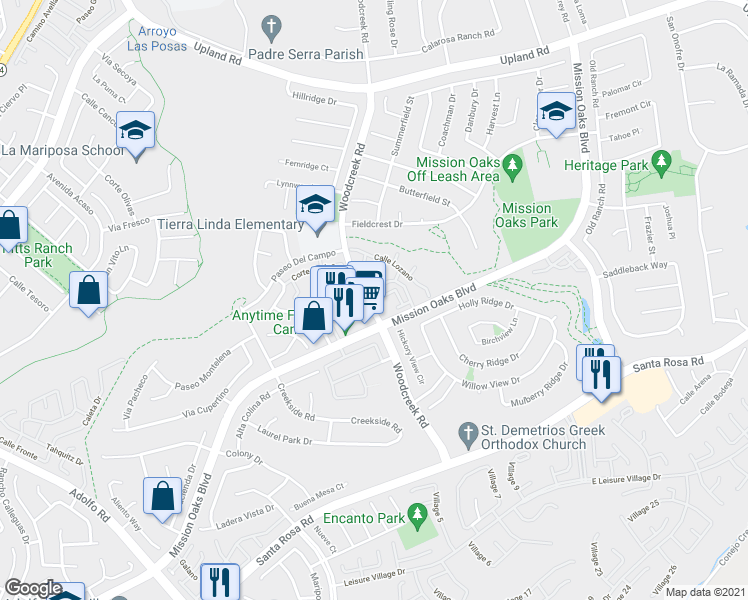 map of restaurants, bars, coffee shops, grocery stores, and more near 1251 Mission Verde Drive in Camarillo
