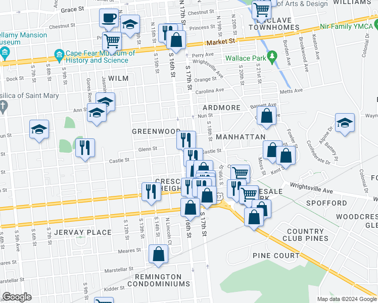 map of restaurants, bars, coffee shops, grocery stores, and more near 1611 Castle Street in Wilmington