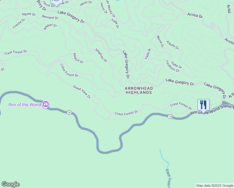 map of restaurants, bars, coffee shops, grocery stores, and more near Albrun Drive in Crestline