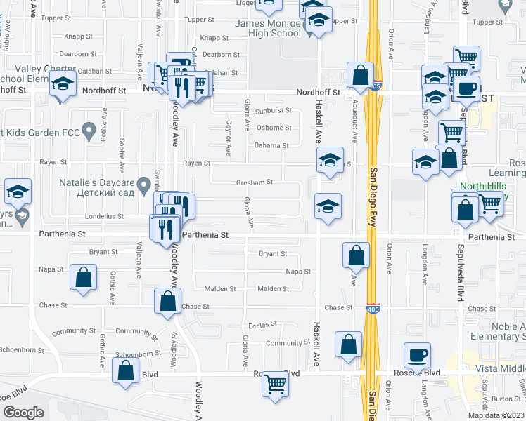 map of restaurants, bars, coffee shops, grocery stores, and more near 15937 Londelius Street in Los Angeles