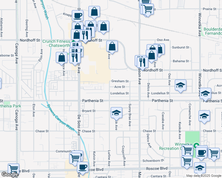 map of restaurants, bars, coffee shops, grocery stores, and more near 20656 Acre Street in Los Angeles