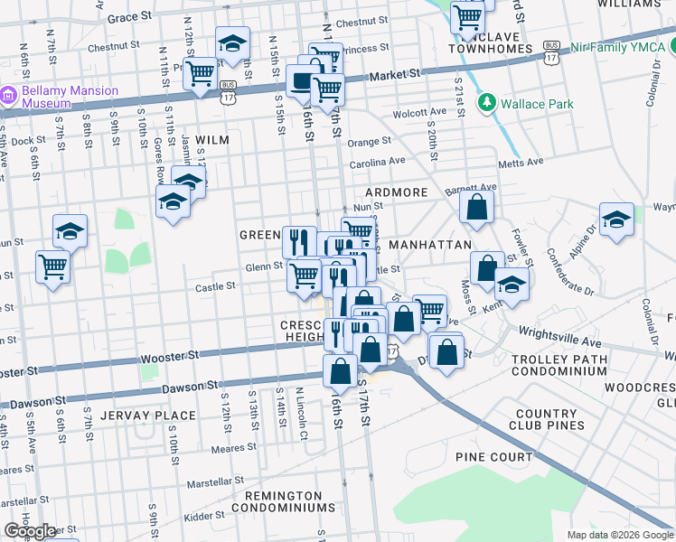 map of restaurants, bars, coffee shops, grocery stores, and more near 509 South 16th Street in Wilmington