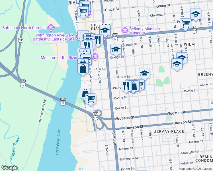 map of restaurants, bars, coffee shops, grocery stores, and more near 416 South 3rd Street in Wilmington