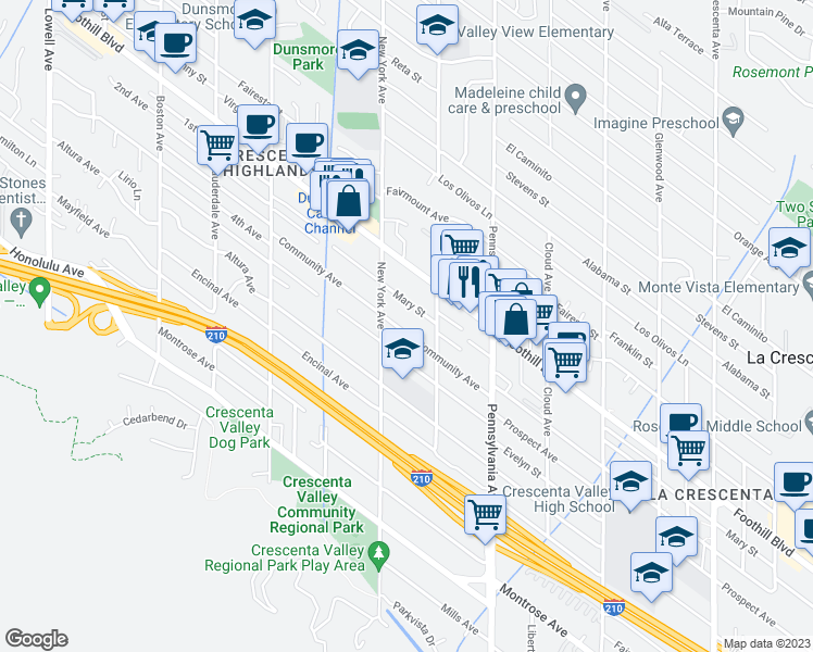 map of restaurants, bars, coffee shops, grocery stores, and more near 3333 Community Avenue in Glendale