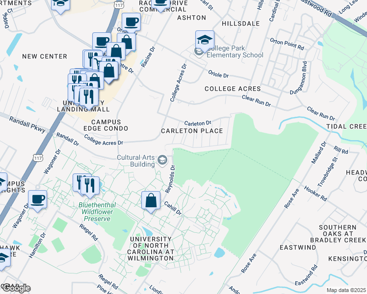 map of restaurants, bars, coffee shops, grocery stores, and more near 5128 Christian Drive in Wilmington