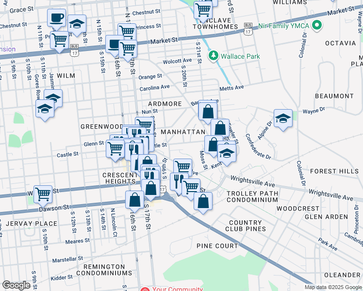 map of restaurants, bars, coffee shops, grocery stores, and more near 1918 Castle Street in Wilmington