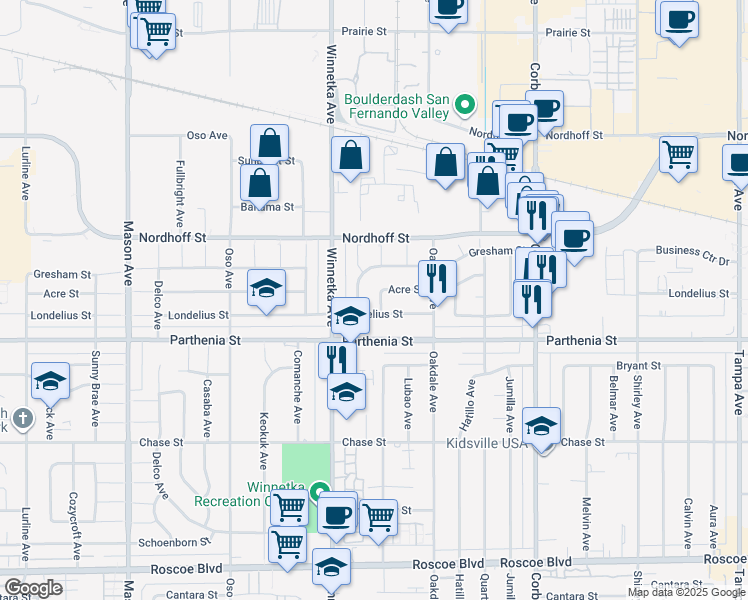 map of restaurants, bars, coffee shops, grocery stores, and more near 8755 Penfield Avenue in Los Angeles