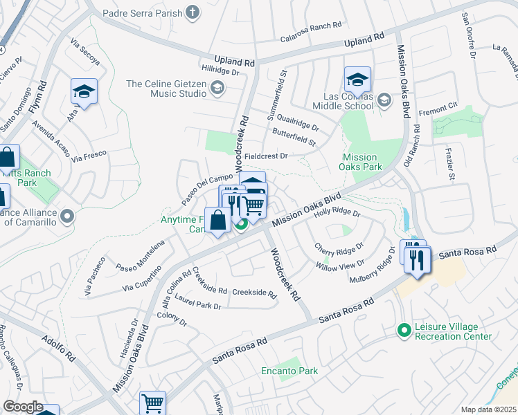 map of restaurants, bars, coffee shops, grocery stores, and more near 1257 Mission Verde Drive in Camarillo