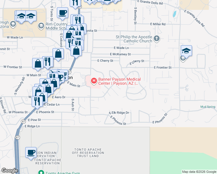 map of restaurants, bars, coffee shops, grocery stores, and more near 812 East Continental Drive in Payson