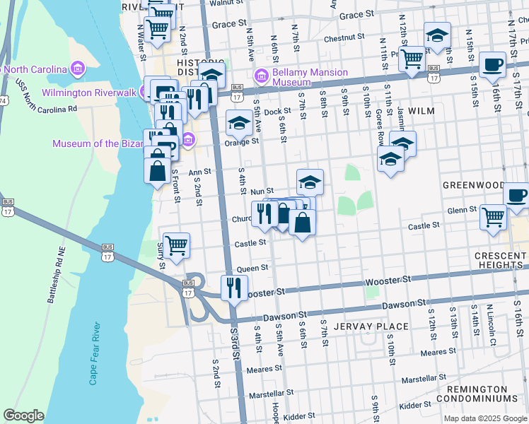 map of restaurants, bars, coffee shops, grocery stores, and more near 422 South 5th Avenue in Wilmington