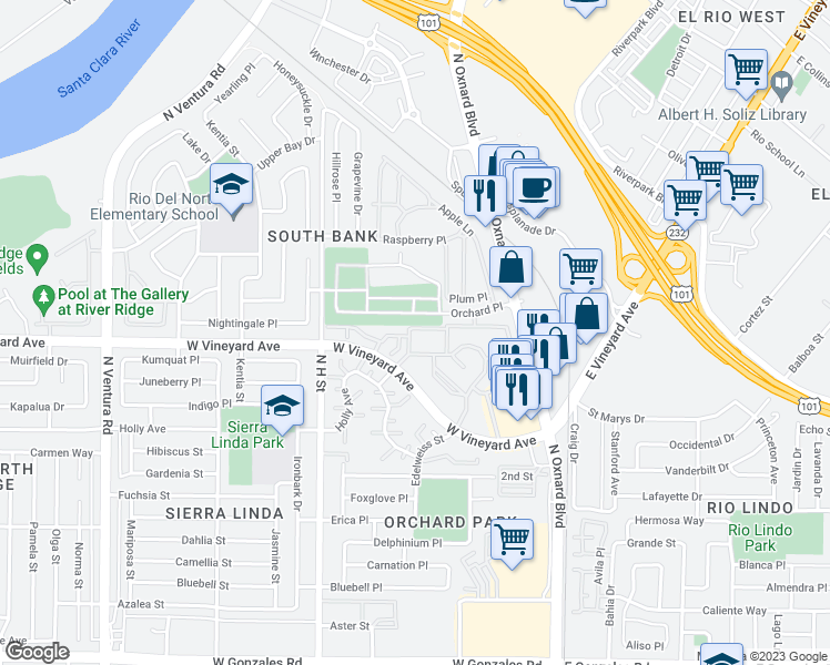 map of restaurants, bars, coffee shops, grocery stores, and more near 619 West Vineyard Avenue in Oxnard