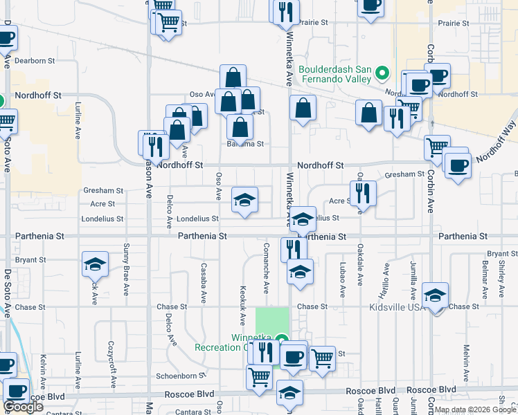 map of restaurants, bars, coffee shops, grocery stores, and more near 20152 Acre Street in Los Angeles