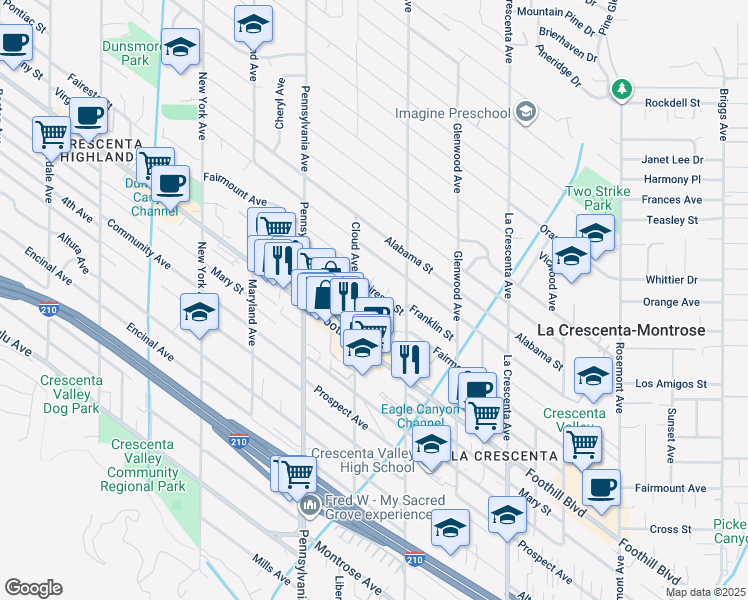 map of restaurants, bars, coffee shops, grocery stores, and more near 3036 Fairesta Street in La Crescenta-Montrose