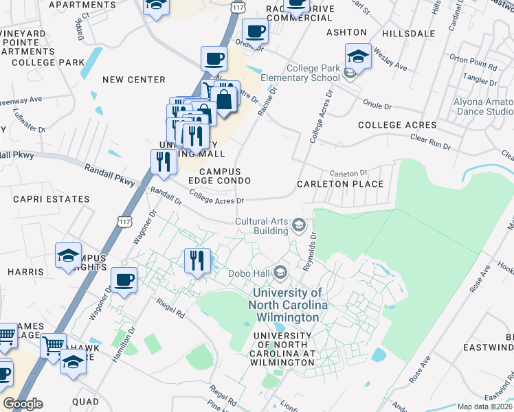 map of restaurants, bars, coffee shops, grocery stores, and more near 4814 College Acres Drive in Wilmington