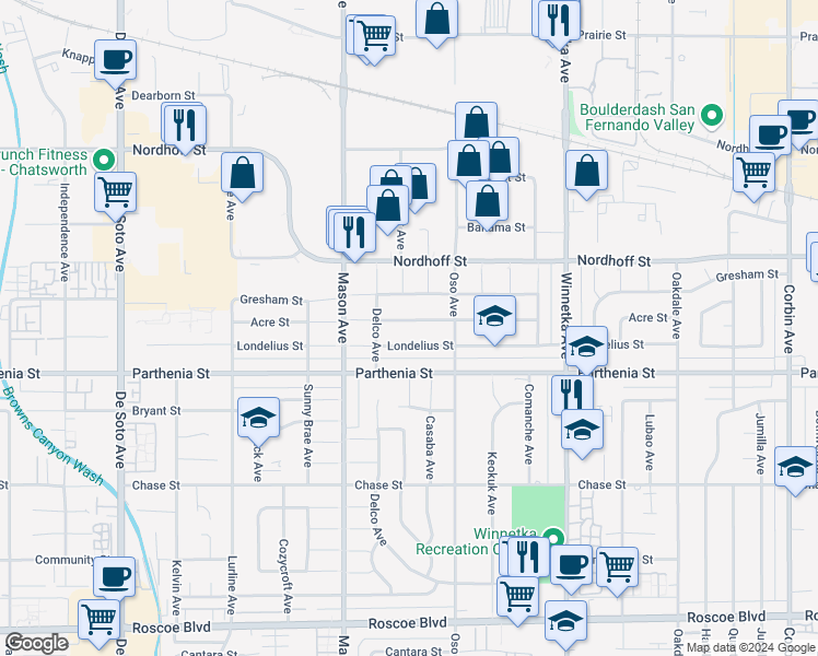map of restaurants, bars, coffee shops, grocery stores, and more near 20350 Acre Street in Los Angeles