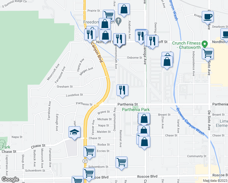 map of restaurants, bars, coffee shops, grocery stores, and more near 8751 Owensmouth Avenue in Los Angeles