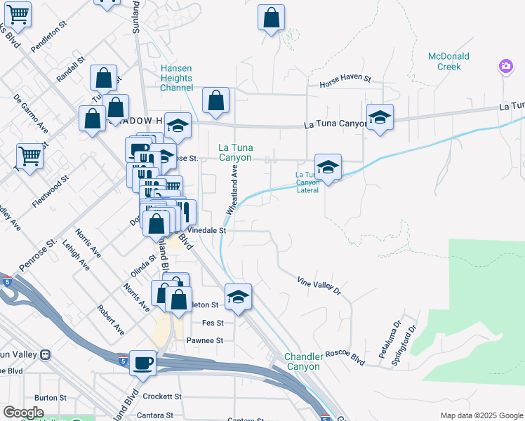 map of restaurants, bars, coffee shops, grocery stores, and more near 8851 Bluffdale Drive in Los Angeles