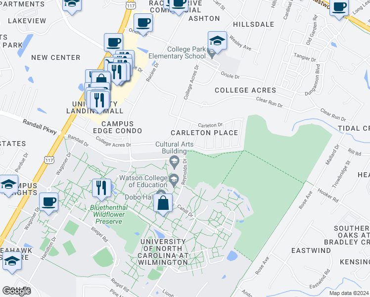 map of restaurants, bars, coffee shops, grocery stores, and more near 5108 Christian Drive in Wilmington