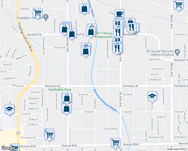 map of restaurants, bars, coffee shops, grocery stores, and more near 8755 Variel Avenue in Los Angeles