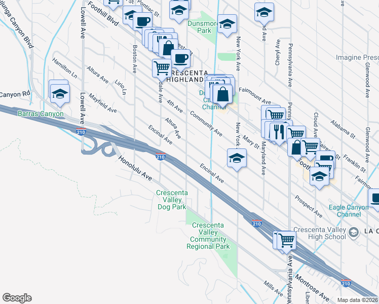 map of restaurants, bars, coffee shops, grocery stores, and more near 3544 Altura Avenue in Glendale