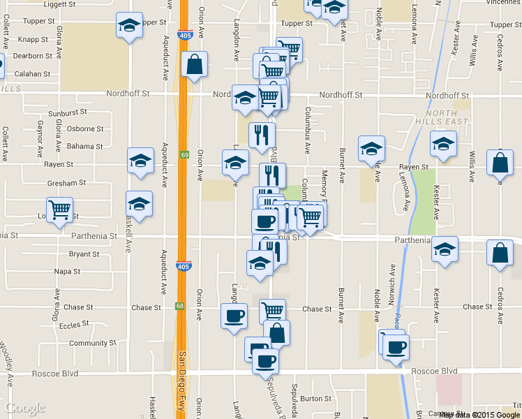 map of restaurants, bars, coffee shops, grocery stores, and more near 8757 Sepulveda Boulevard in Los Angeles