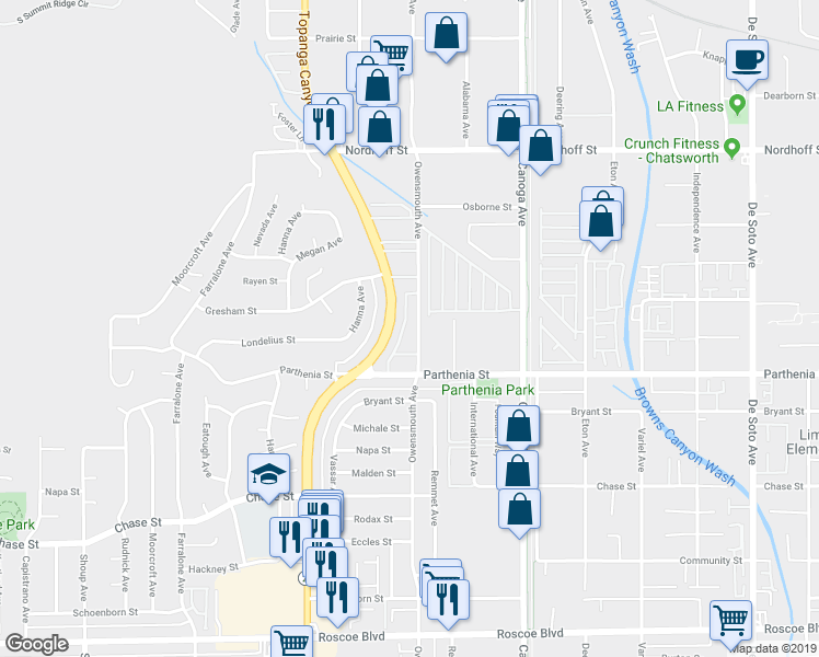 map of restaurants, bars, coffee shops, grocery stores, and more near 8801 Owensmouth Avenue in Los Angeles