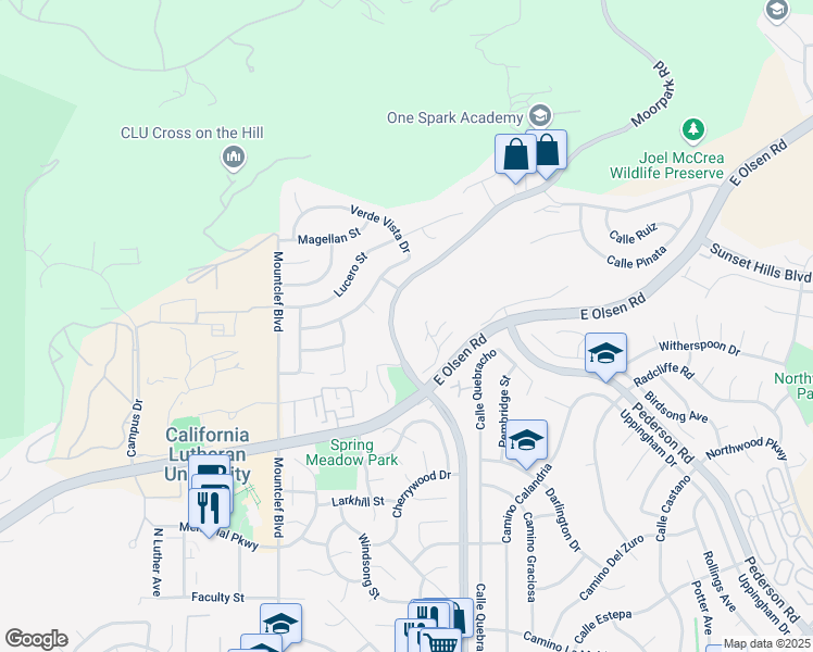 map of restaurants, bars, coffee shops, grocery stores, and more near 3680 Moorpark Road in Thousand Oaks