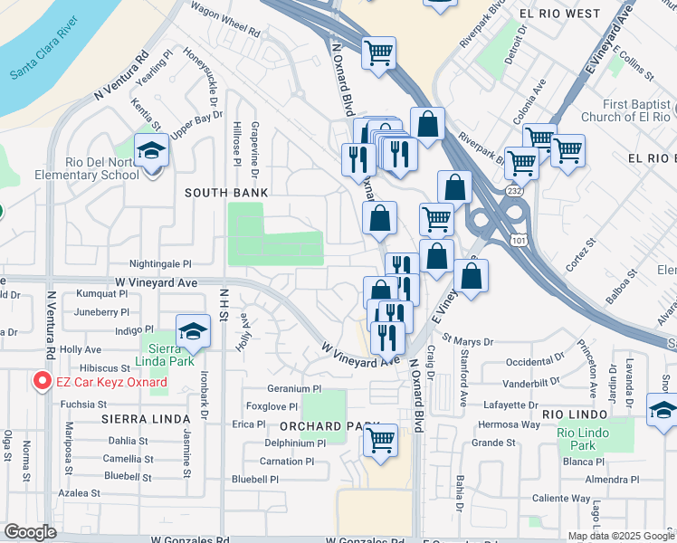 map of restaurants, bars, coffee shops, grocery stores, and more near 625 Orchard Place in Oxnard