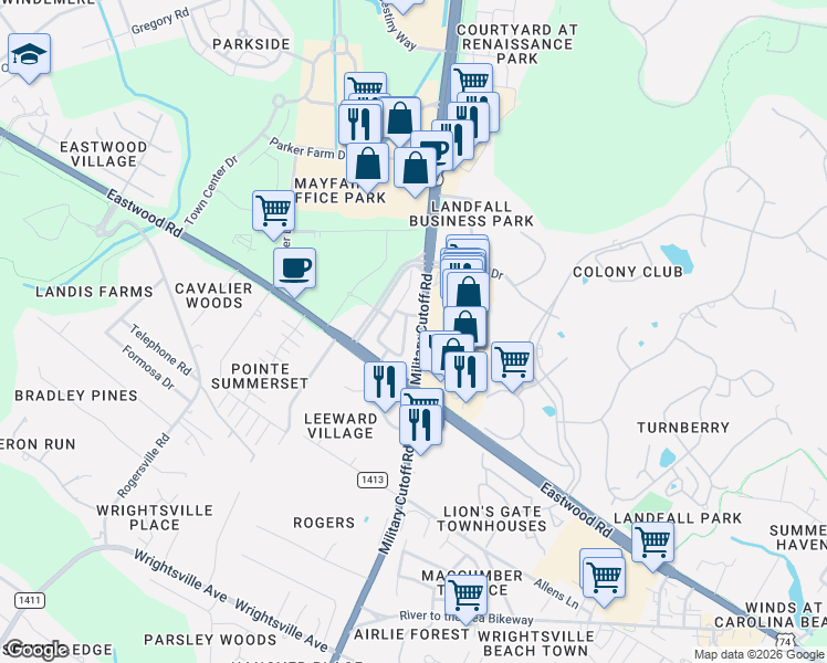 map of restaurants, bars, coffee shops, grocery stores, and more near 1325 Military Cutoff Road in Wilmington