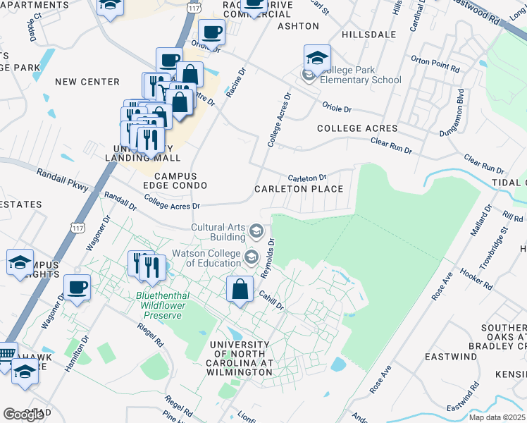 map of restaurants, bars, coffee shops, grocery stores, and more near 5104 Christian Drive in Wilmington