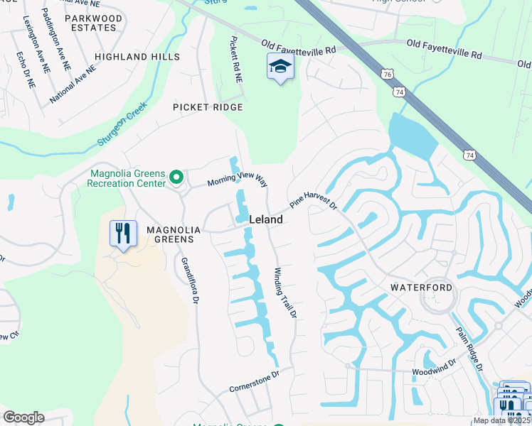 map of restaurants, bars, coffee shops, grocery stores, and more near in Leland