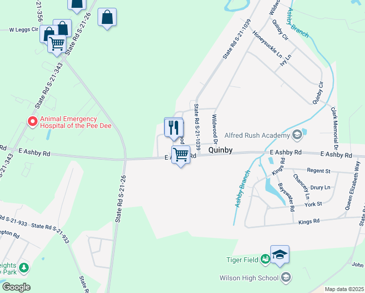 map of restaurants, bars, coffee shops, grocery stores, and more near 101 Dogwood Lane in Quinby