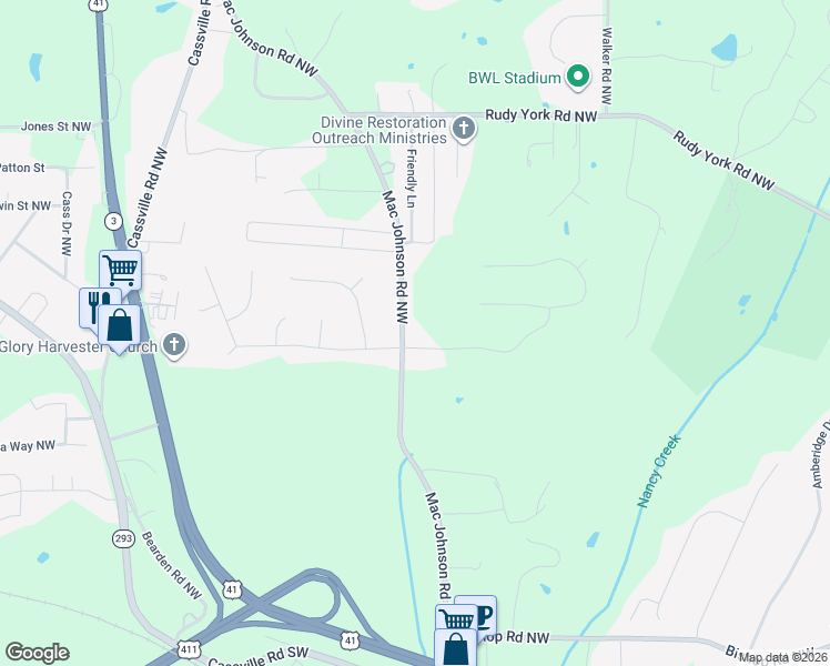 map of restaurants, bars, coffee shops, grocery stores, and more near 184 Mac Johnson Road Northwest in Cartersville