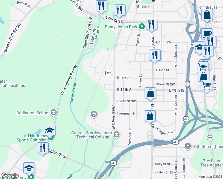 map of restaurants, bars, coffee shops, grocery stores, and more near 428 Cedar Avenue Southwest in Rome