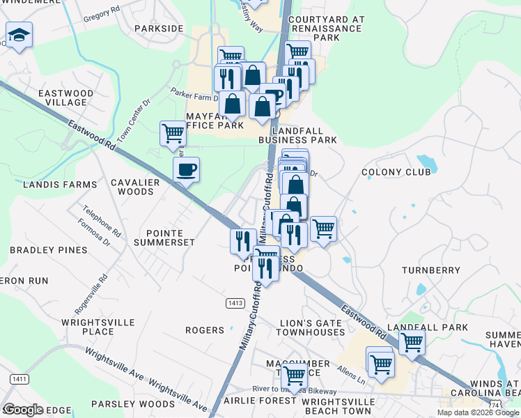 map of restaurants, bars, coffee shops, grocery stores, and more near 1325 Military Cutoff Road in Wilmington