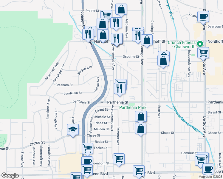 map of restaurants, bars, coffee shops, grocery stores, and more near 8751 Owensmouth Avenue in Canoga Park