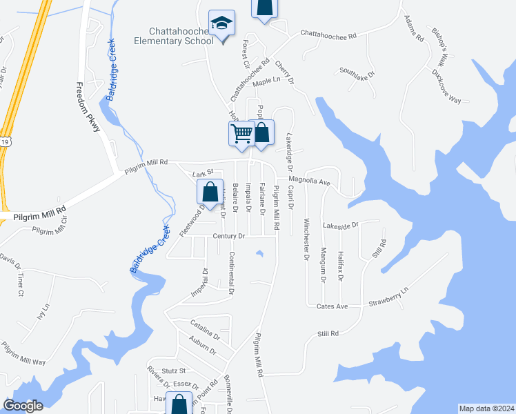 map of restaurants, bars, coffee shops, grocery stores, and more near 2670 Fairlane Drive in Cumming