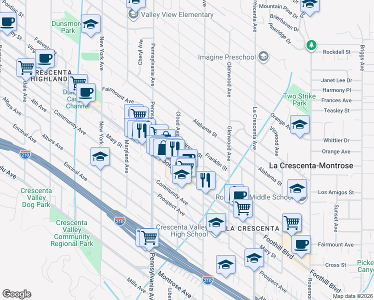 map of restaurants, bars, coffee shops, grocery stores, and more near 3036 Fairesta Street in La Crescenta-Montrose