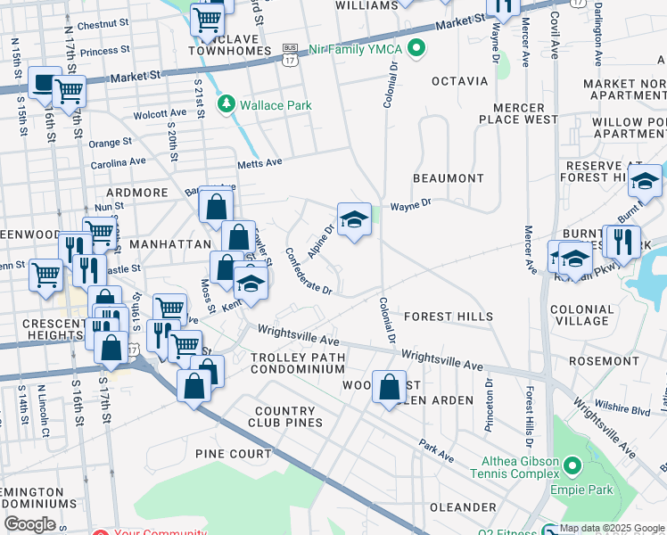map of restaurants, bars, coffee shops, grocery stores, and more near Battery Place in Wilmington
