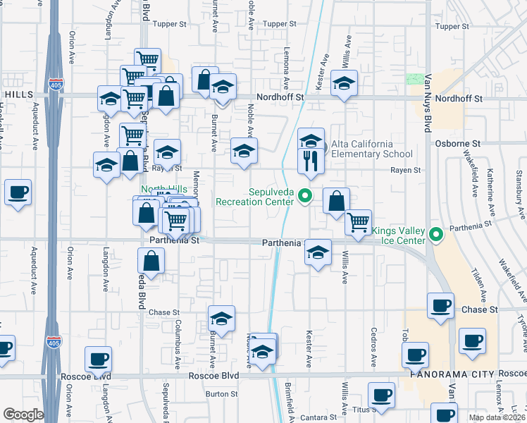 map of restaurants, bars, coffee shops, grocery stores, and more near 8749 Norwich Avenue in Los Angeles