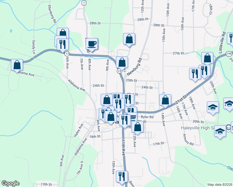 map of restaurants, bars, coffee shops, grocery stores, and more near 2300 10th Avenue in Haleyville