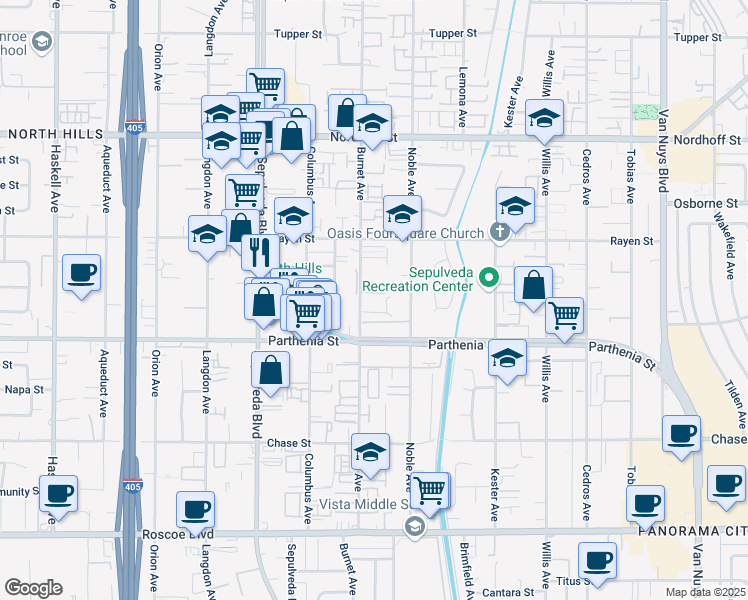 map of restaurants, bars, coffee shops, grocery stores, and more near 8746 Burnet Avenue in Los Angeles