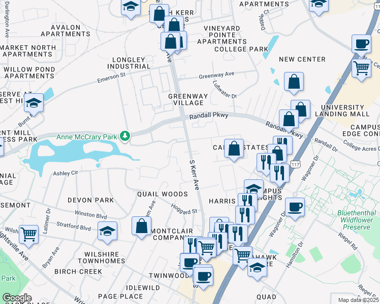 map of restaurants, bars, coffee shops, grocery stores, and more near South Kerr Avenue in Wilmington