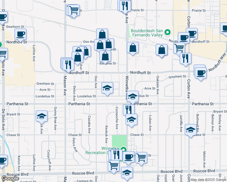 map of restaurants, bars, coffee shops, grocery stores, and more near 20152 Acre Street in Los Angeles