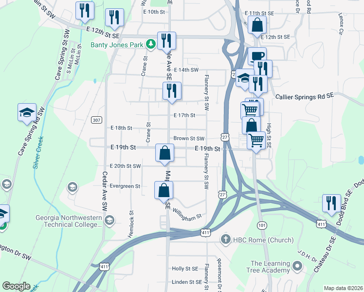 map of restaurants, bars, coffee shops, grocery stores, and more near 1803 Olmstead Street in Rome