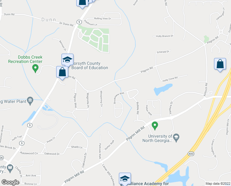 map of restaurants, bars, coffee shops, grocery stores, and more near 1424 Brookmere Way in Cumming