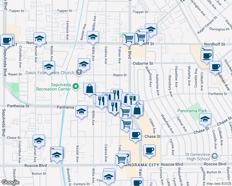 map of restaurants, bars, coffee shops, grocery stores, and more near 8759 Tobias Avenue in Panorama City